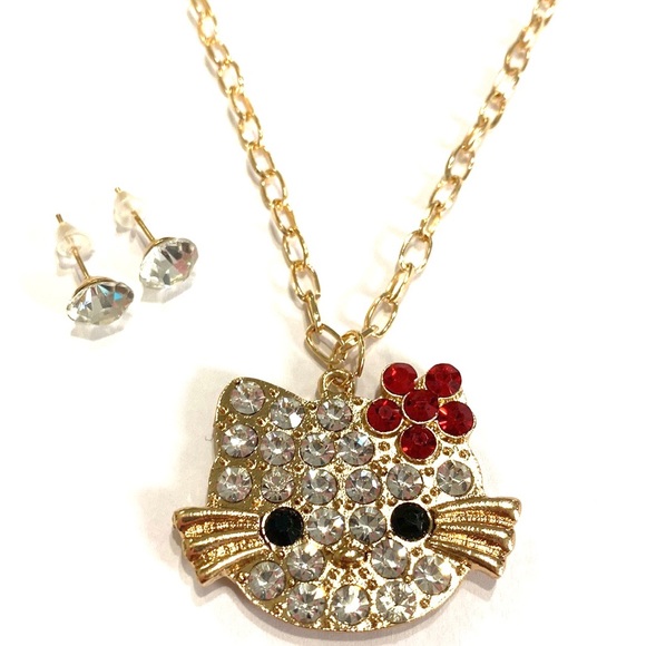 Hello Kitty Necklace Earrings Set Gold Tone Large Face Red Bow Rhinestones - Picture 3 of 3